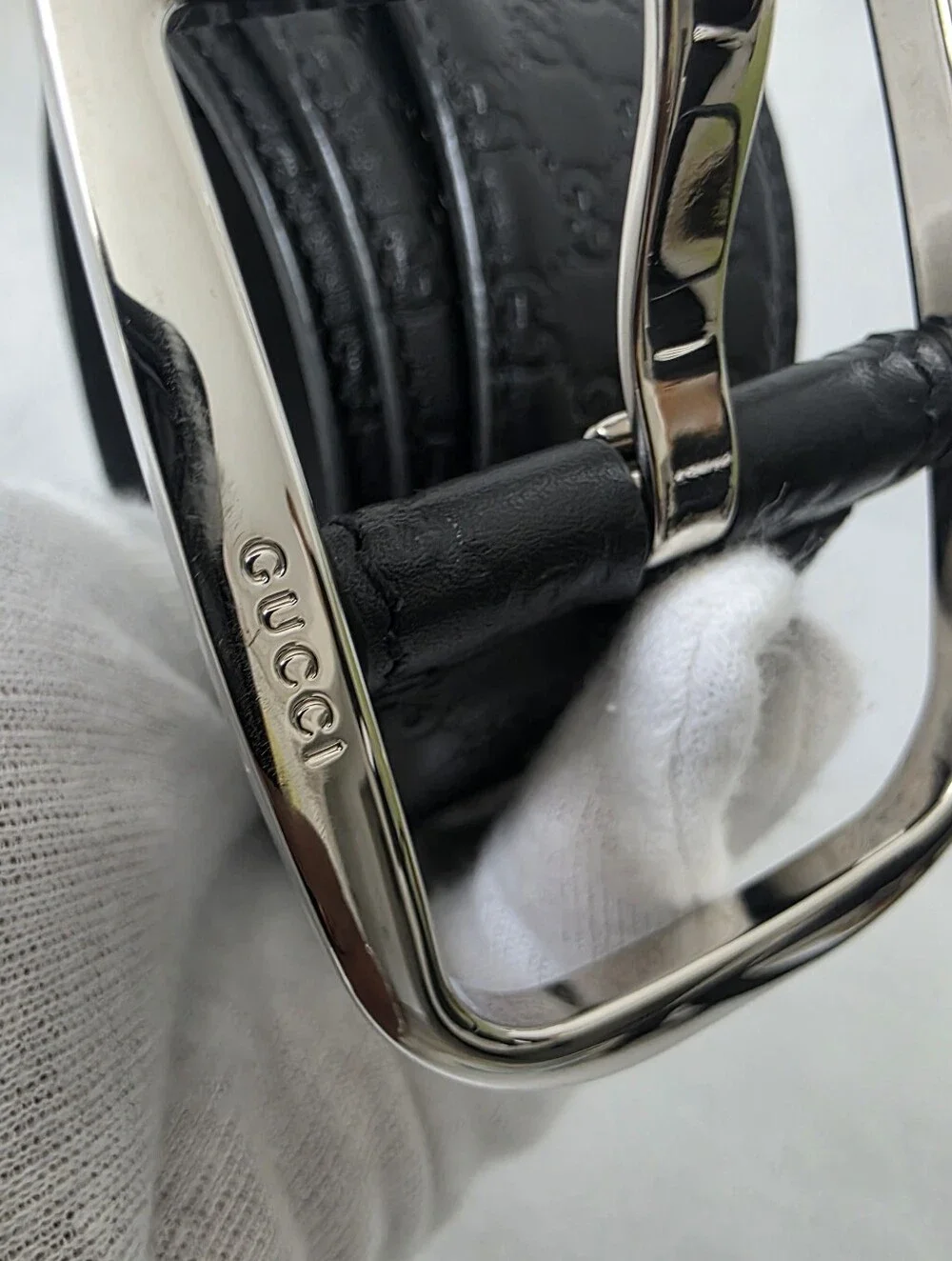 Auth Gucci Guccissima Men Black Leather Belt with Silver Buckle